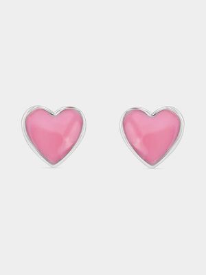 Sterling Silver Pink Enamel Heart Stud Earrings