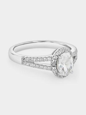 Sterling Silver Diamond Oval Halo Split-Shank Ring