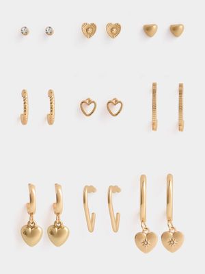 Jet Women's Gold 9 Pack Diamante Heart Earrings