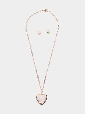 Girl's Rose Gold & White Locket Necklace & Earrings Set