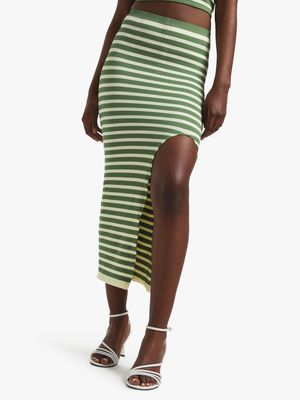 Women's Striped Co-Ord Seamless Midi Skirt With Slit