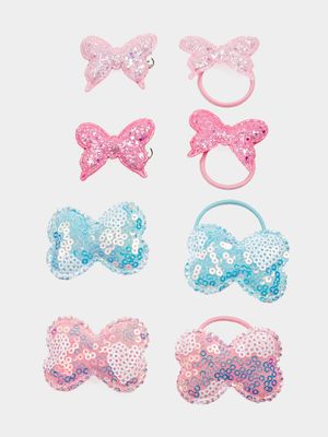 Girl's Pink & Blue Sequin Bow Clips & Hair Elastics Set