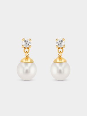 Yellow Gold, Cubic Zirconia Fresh Water Pearl Drop Earrings