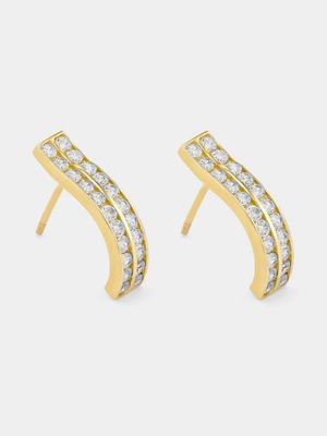 Yellow Gold Cubic Zirconia Double Row Open End Hoop Earrings