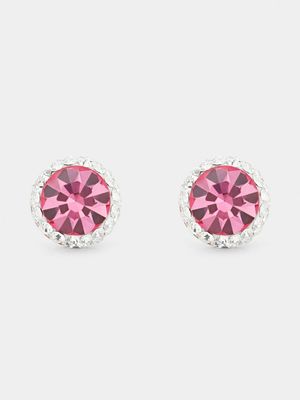 Rose Gold  & Sterling Silver Pink Crystal Halo Stud Earrings