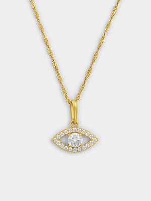 Yellow Gold Cubic Zirconia Solitaire Evil Eye Pendant on Sterling Silver and Gold Chain