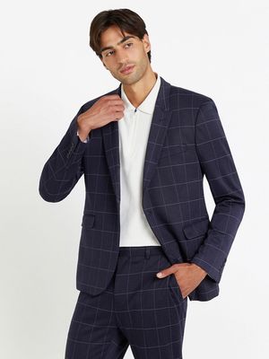 MKM Navy Knitted Slim Check Suit Jacket