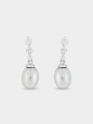 Sterling Silver Cubic Zirconia Freshwater Pearl Drop Earrings