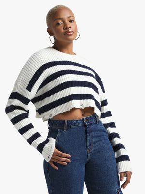 Women's White & Navy Striped Distressed Jumper