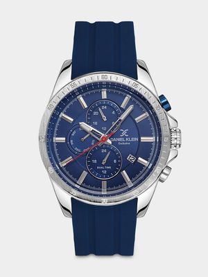 Daniel Klein Silver Plated Blue Dial Blue Silicone Chronographic Watch