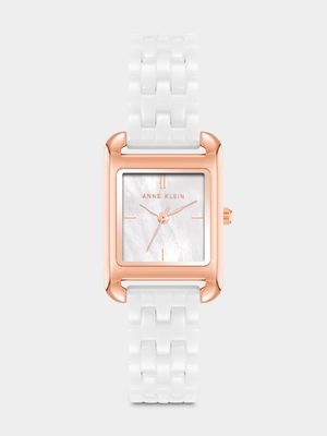 AnneKlein Women's Rose Plated Rectangular White Watch