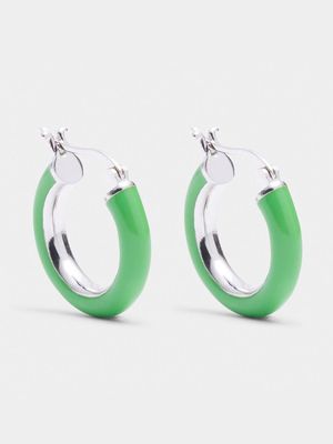 Neon Green Enamel Brass  Hoop Earrings