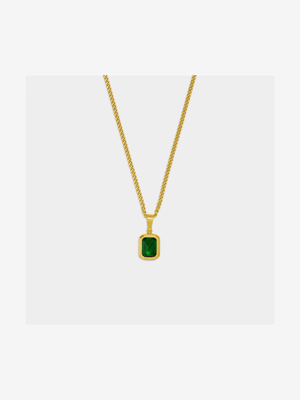 Stainless Steel 18ct Gold Plated Waterproof Figaro chain with emerald CZ tube pendant