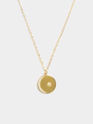 18ct Gold Plated Pave Moon & Star Disk Pendant on Chain