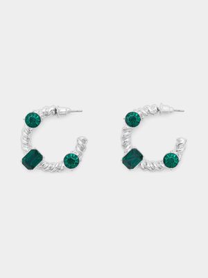 Silver Tone with Green Stone Accent Hoops