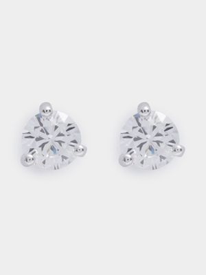 Rhodium Plated 3 claw Clear Round CZ Stud Earrings