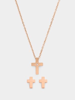 Rose Tone Stainless Steel Cross Pendant with Cross Studs Set