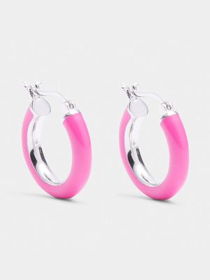 Rhodium Plated & Neon Pink Enamel Brass  Hoop Earrings