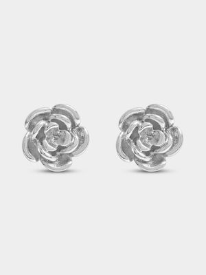 Rhodium Plated Rose Stud Earrings