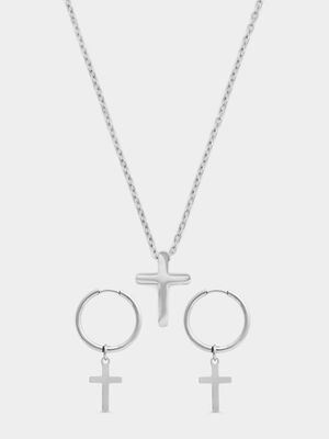 Stainless Steel Cross Pendant & Cross Charm Hoop Set