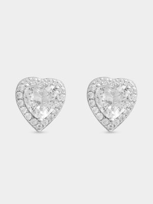 Sterling Silver CZ Heart with Pave Halo Studs