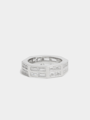 Rhodium Plated Hexigon Baguette Ring