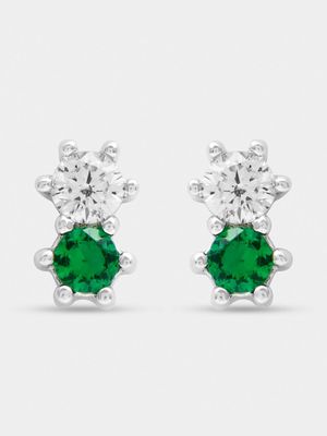 Rhodium Plated Green & White CZ Stud Earrings