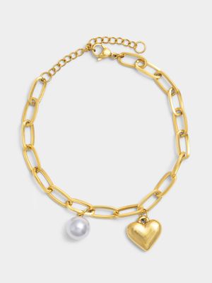 Stainless Steel Heart  Pearl Charm Chain Bracelet