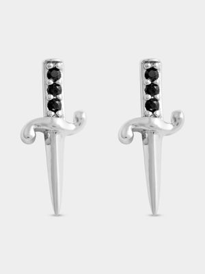 Rhodium Plated Dagger Stud Earrings