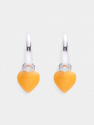 Rhodium Plated Brass Huggies with Orange Enamel Heart Charm