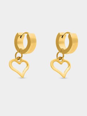 Stainless Steel Gold Dangling Open Heart Huggie Earri