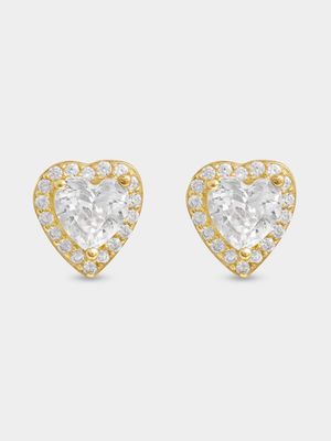 Sterling Silver Gold Plated CZ Heart with Pave Halo Studs