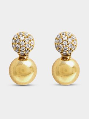 18ct Gold Plated CZ Pave Disk Gold Ball Drop Earrings