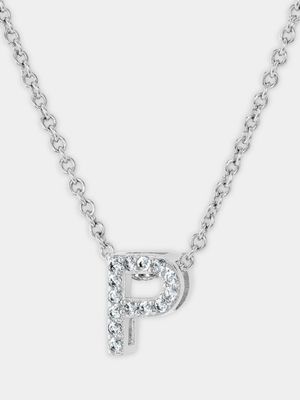 CZ Initial Necklace P Silver Plated