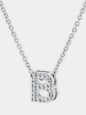 CZ Initial Necklace B Silver Plated