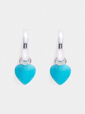 Rhodium Plated Brass Huggies with Turqoise Enamel Heart Charm