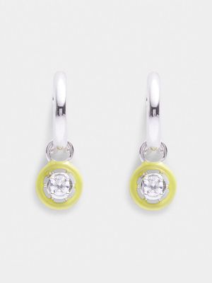 Rhodium Plated Brass Huggies with Yellow  Enamel with CZ Charm