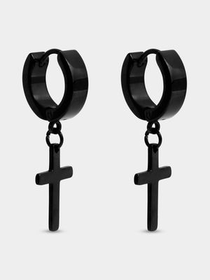 Black Stainless Steel Cross Dangle Huggies