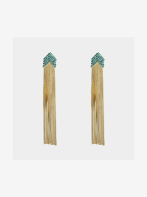 Statement Gold Fringe Green Shevron Drop Earring