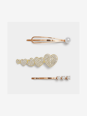 3pk Pearl & Sparkling Hearts Hair Clip set