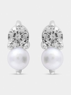 Rhodium Plated CZ & Freshwater Pearl Stud Earrings