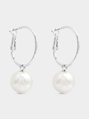 Silver Tone Hoops with Pearl Charm