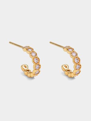 18ct Gold Plated Hexagon Tube CZ Hoops