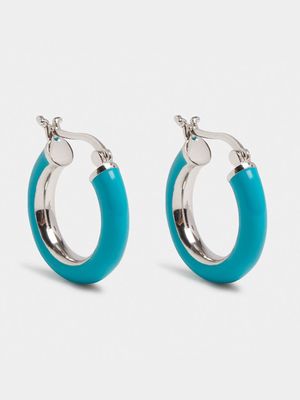 Rhodium Plated & Turquoise Enamel Brass  Hoop Earrings