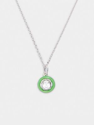 Rhodium Plated Brass Chain with CZ & Green Enamel Pendant