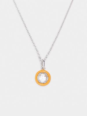 Rhodium Plated Brass Chain with CZ & Orange Enamel Pendant