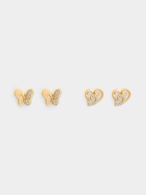 2-Pack CZ Butterfly & CZ Heart Stud Set