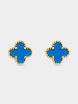 18ct Gold Plated Stainless Steel Blue Clover Stud Earrings