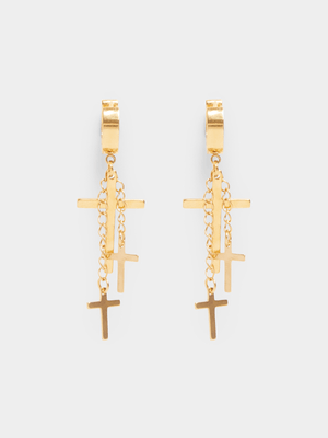 Stainless Steel Gold Tripple Cross Charm Huggies