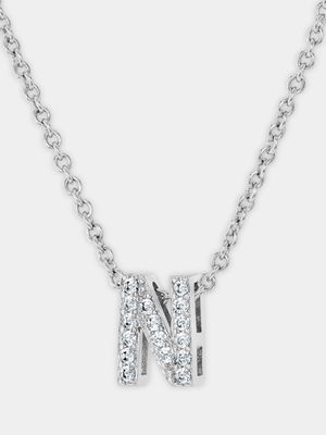 CZ Initial Necklace N Silver Plated